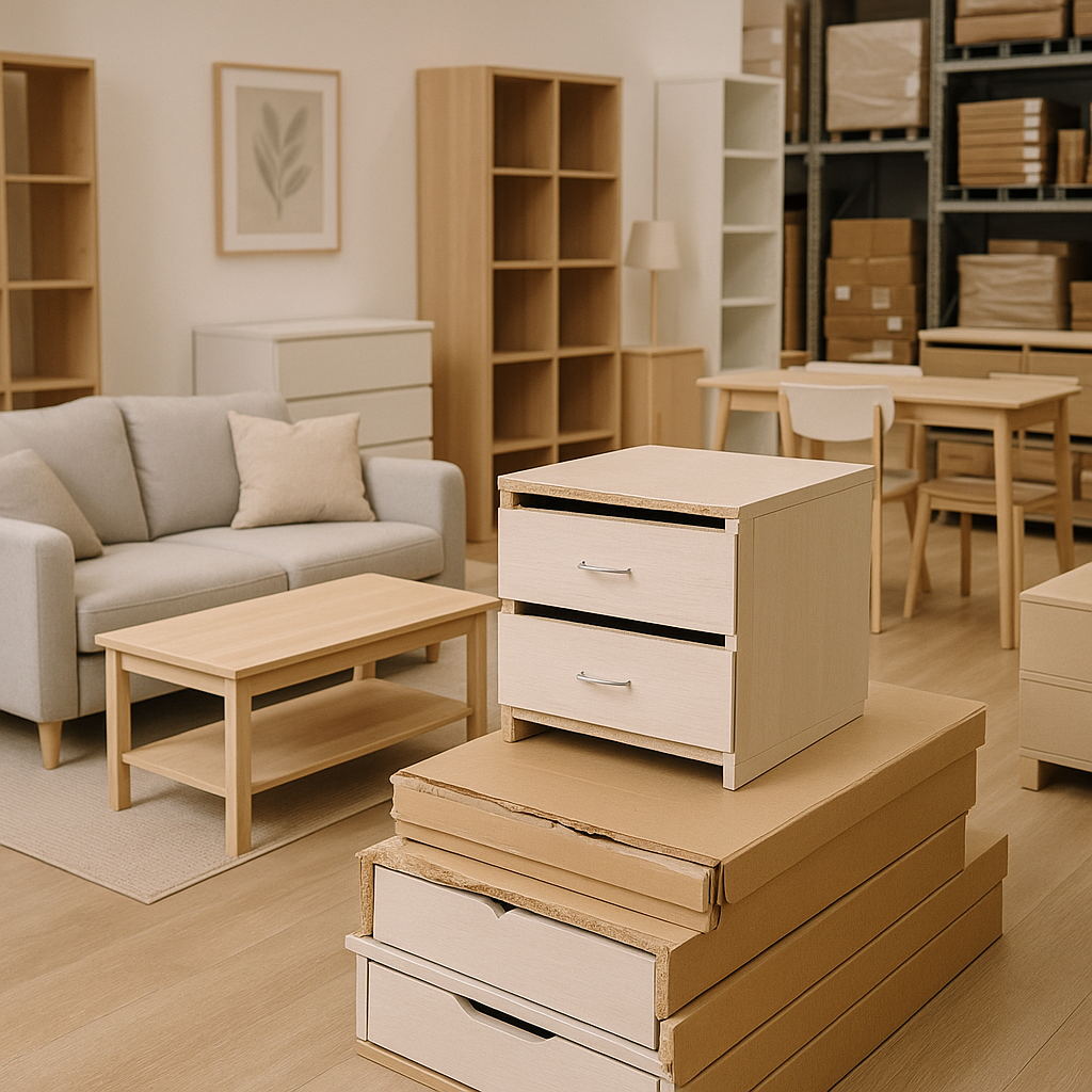 Flat-packed particleboard drawer unit with visible damage, placed in a showroom with mass-produced furniture